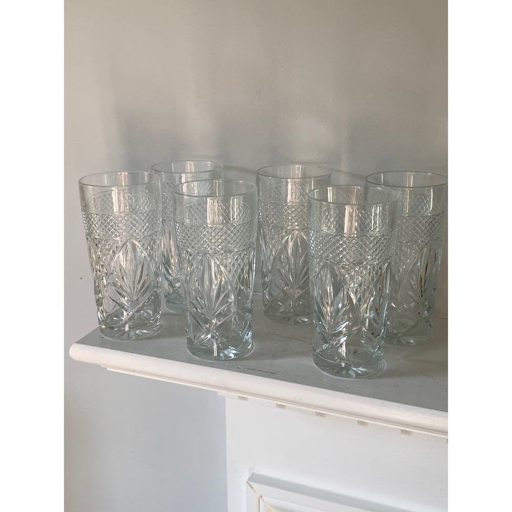 Vintage Pressed Glass Highball Tumblers Set of‎ 6 Clear Diamond Cut Pattern 6in